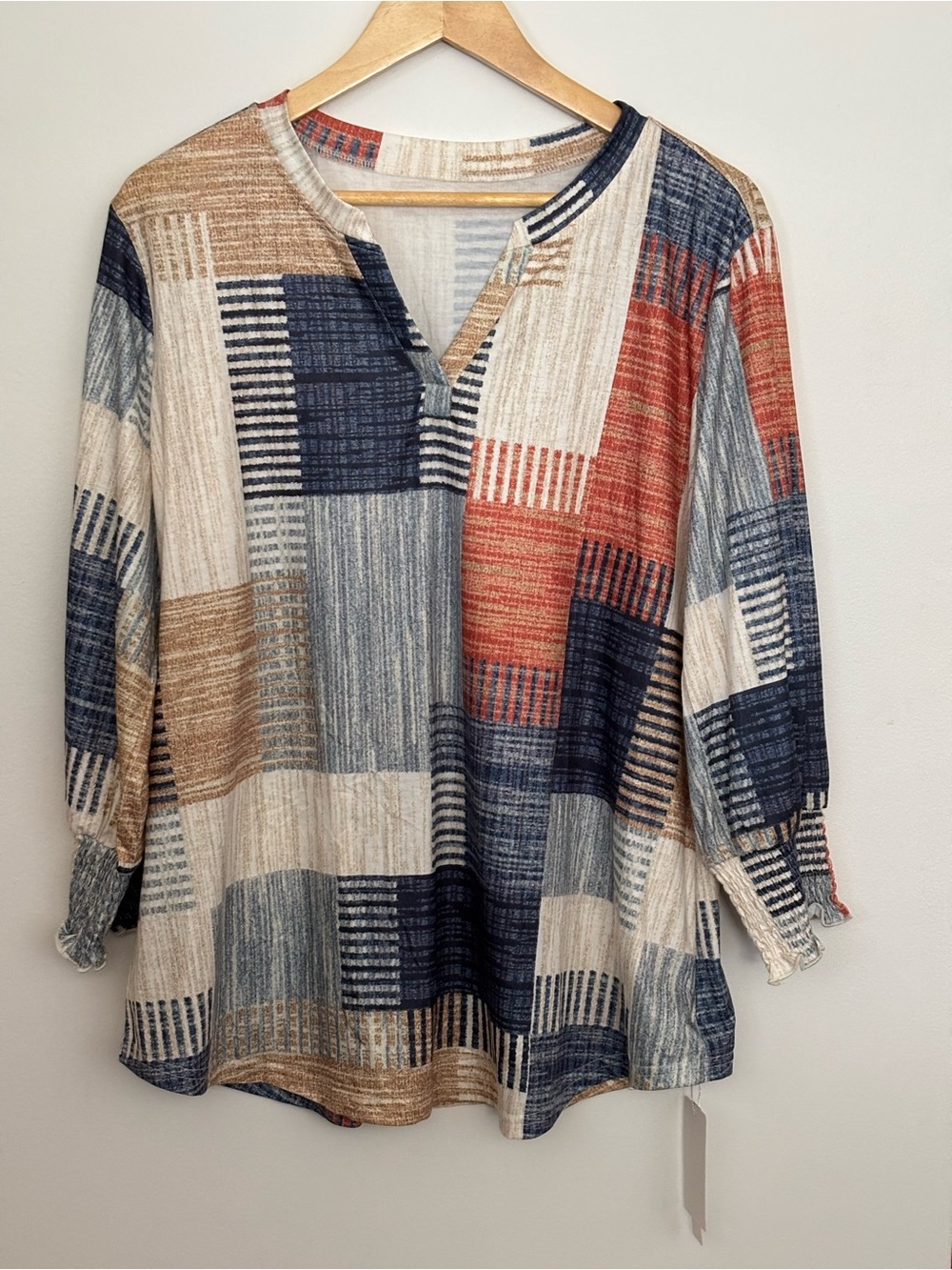 Patchwork V-Neck Knit Tunic Top - Navy, Rust, Cream